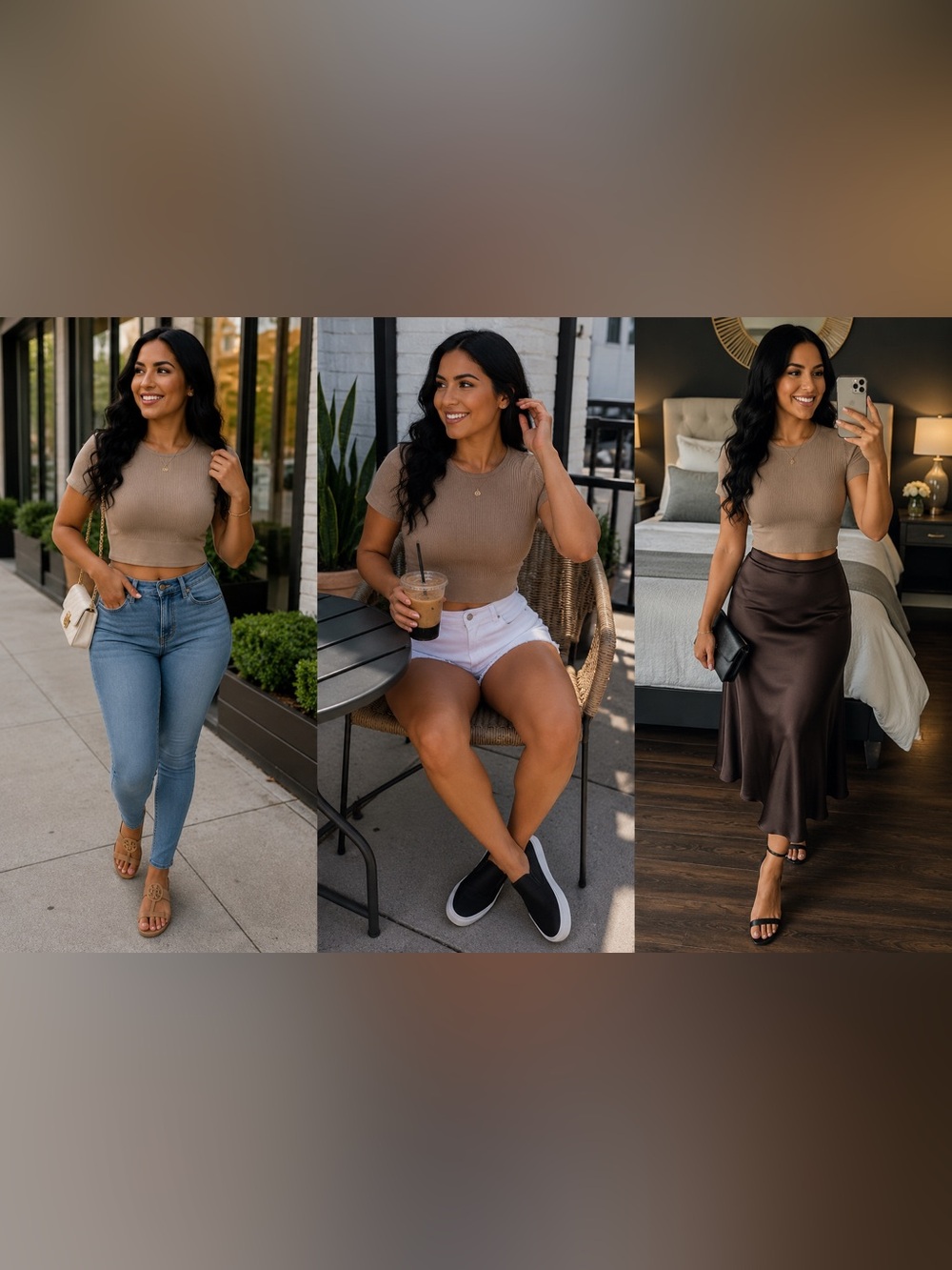 One Step Up Taupe Ribbed Short Sleeve Crop Top Womenโs
